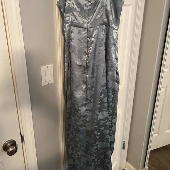 Simply Stunning Slate Blue Satin Floral Jacquard Midi Dress - Picture 8 of 8